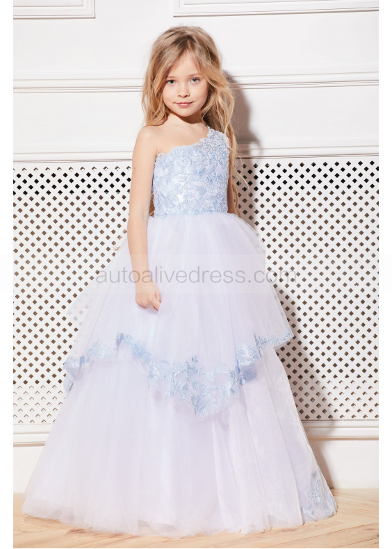 One Shoulder Light Blue Lace Tulle Corset Back Long Flower Girl Dress